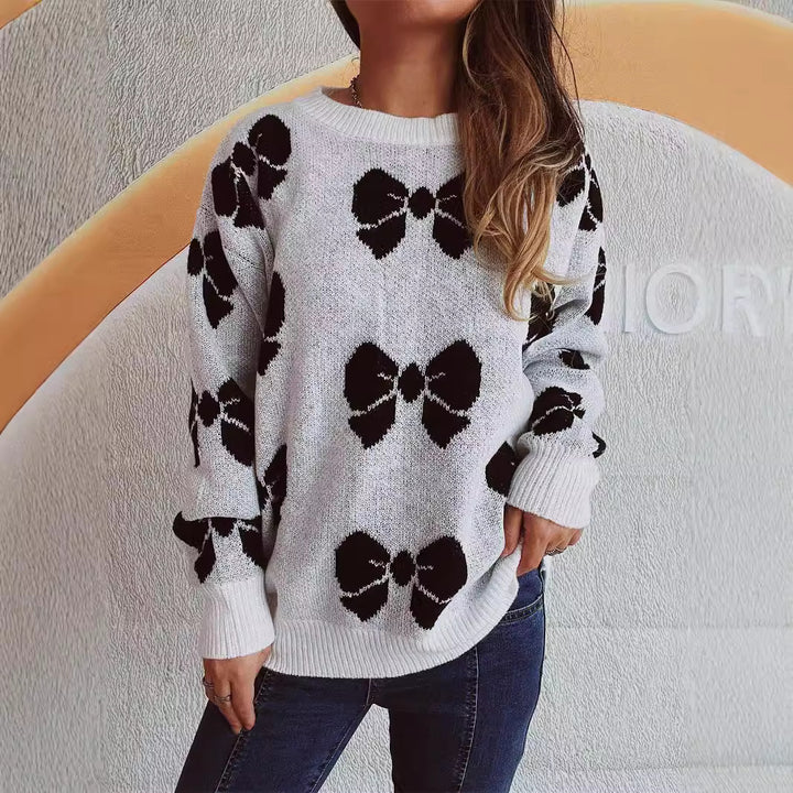 Damen lässiger Pullover mit verspieltem Schleifenmuster Drune