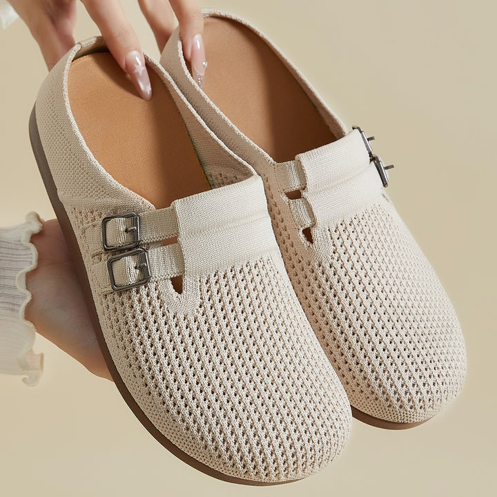 Damen nan gestrickter Clog-Mule mit doppelter Metallschnalle, atmungsaktivem 3D-Strickoberteil und ergonomischem Memory-Fußbett Drune