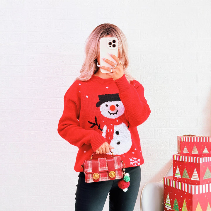 Damen Weihnachts-Pullover mit festlichem Schneemann-Motiv und gemütlichem Schnitt Drune