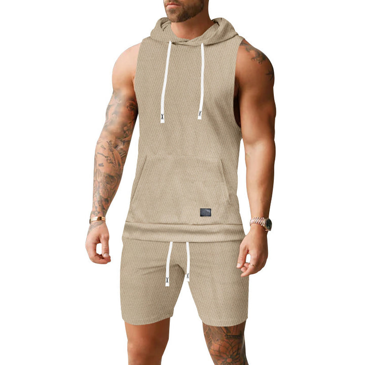 Herren nan ärmelloses Kapuzenweste-Set aus strukturiertem Baumwollmix mit Kängurutasche und Tunnelzug-Shorts Drune