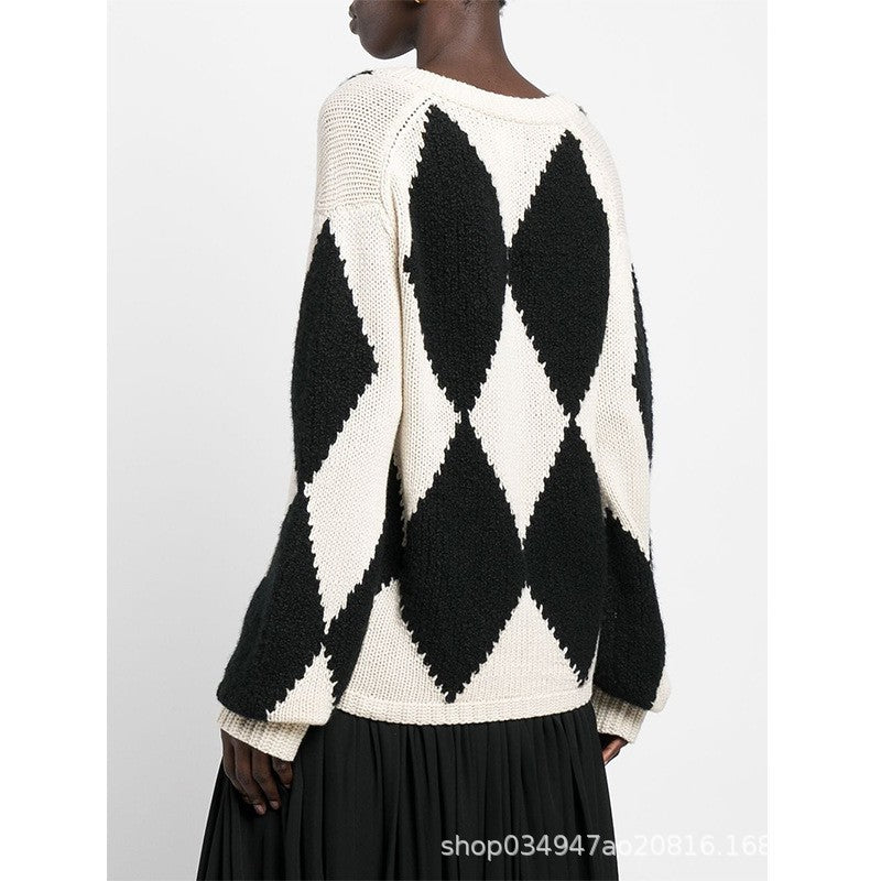 Damen trendiger V-Ausschnitt Strickpullover mit Zickzackmuster Drune