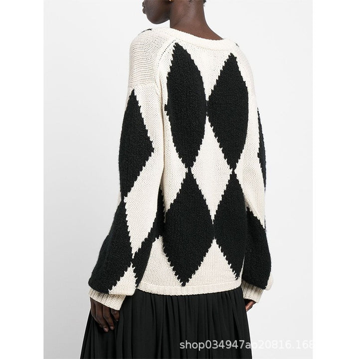Damen trendiger V-Ausschnitt Strickpullover mit Zickzackmuster Drune