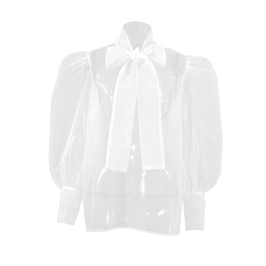 Damen transparente Bluse mit eleganter Schleifenverzierung und voluminösen Ärmeln Drune