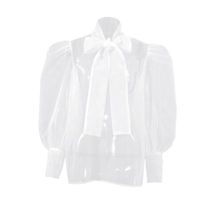 Damen transparente Bluse mit eleganter Schleifenverzierung und voluminösen Ärmeln Drune