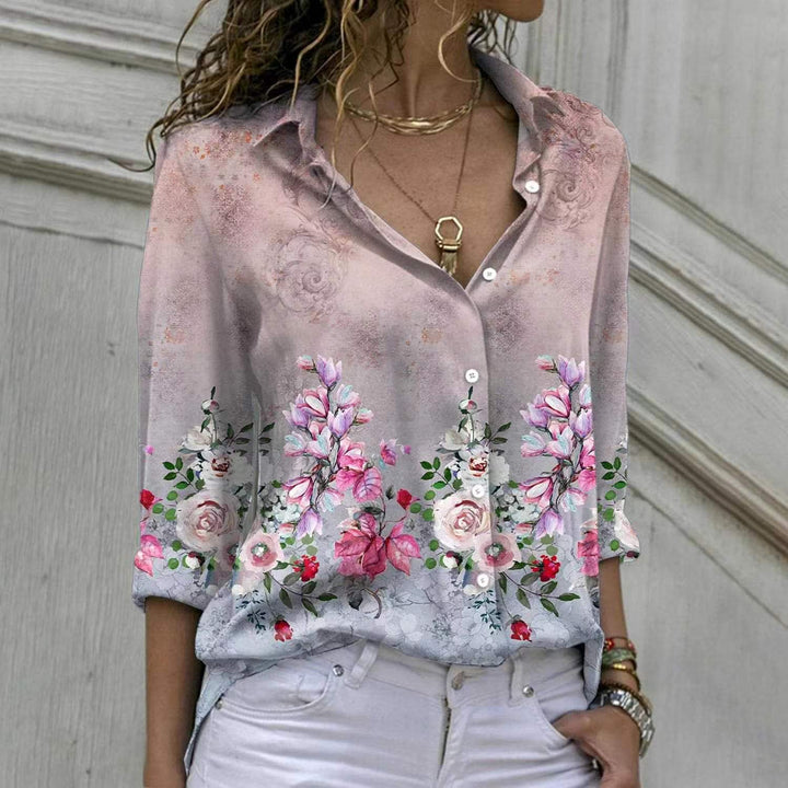 Damen nan florale V-Ausschnitt Knopfbluse mit lockerer Passform und Umschlagärmeln Drune