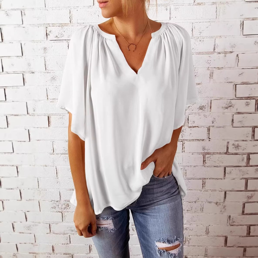 Damen lockeres Blusenshirt mit V-Ausschnitt und luftigen Ärmeln Drune