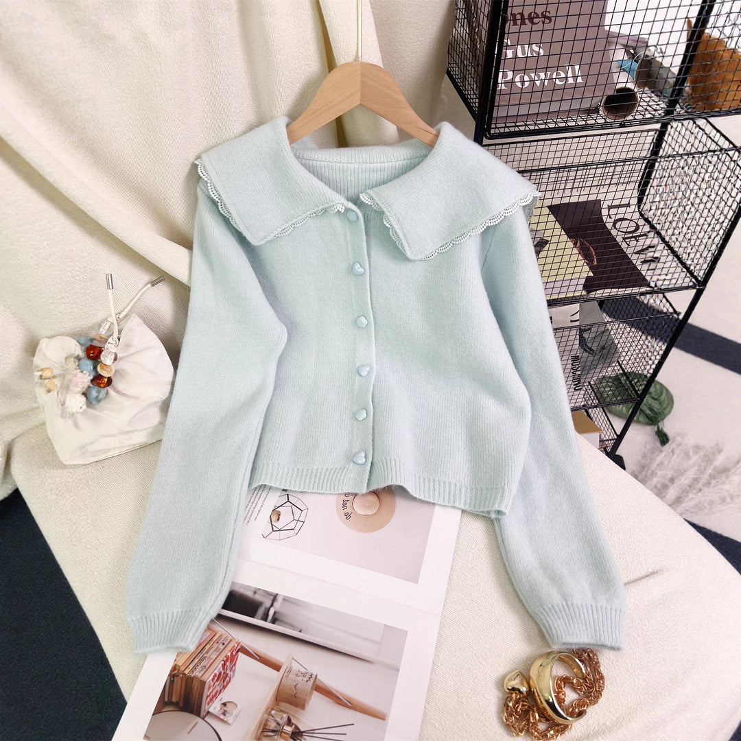 Damen niedliche Strickjacke mit großem Kragen und dekorativen Knopfdetails Drune
