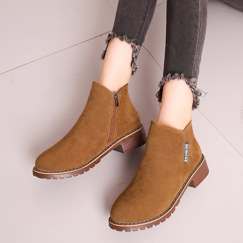 Damen nan knöchelhohe Velourslederimitat-Stiefelette mit robuster Traktorsohle und Komfortabsatz Drune