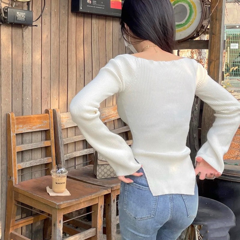 Damen Fein gestrickter Pullover mit herzförmigem Ausschnitt Drune
