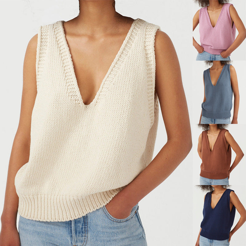 Damen stylischer Stricktop mit tiefem V-Ausschnitt und breiten Trägern Drune