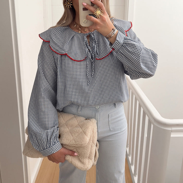 Damen Bluse mit Rüschensaum und Karomuster Drune