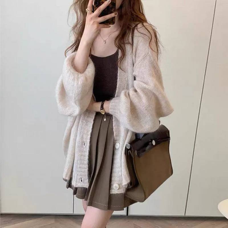 Damen Flauschiger Strickcardigan mit voluminösen Ärmeln und Knopfdetails Drune