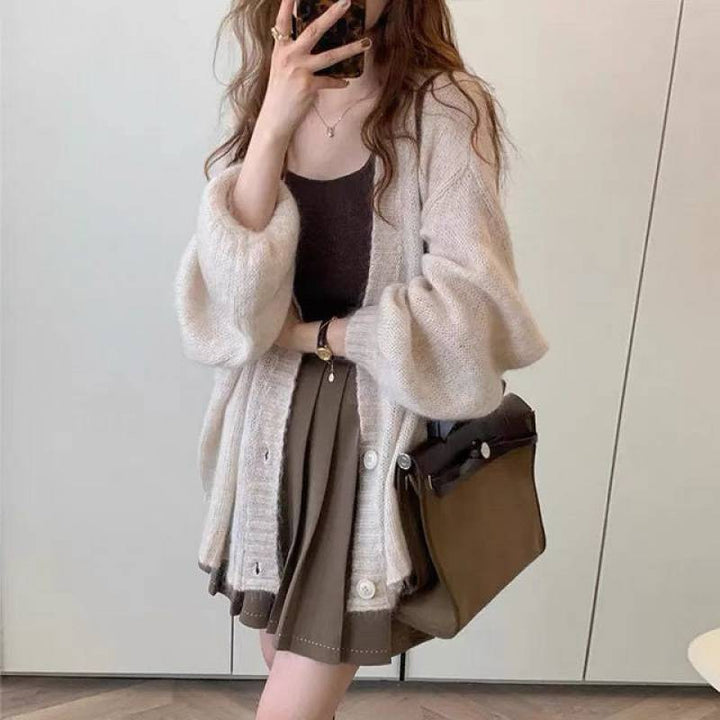Damen Flauschiger Strickcardigan mit voluminösen Ärmeln und Knopfdetails Drune