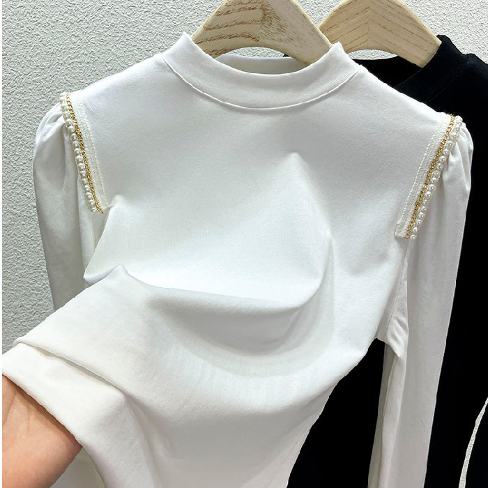 Damen elegantes Longsleeve-Oberteil mit besonderen Perlenapplikationen Drune