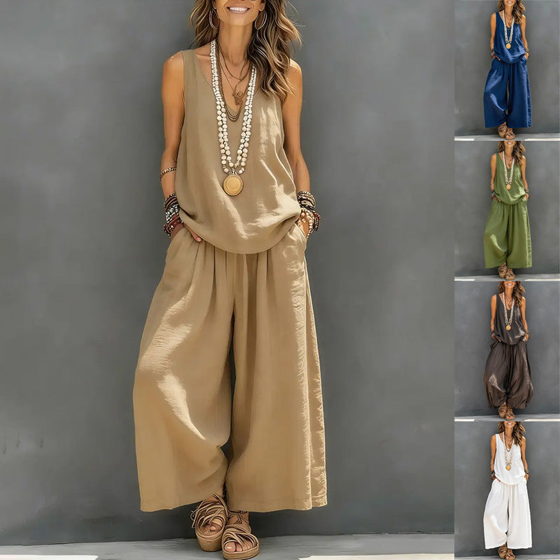 Damen Lockere Sommerbluse mit weitem Schnitt und hochtaillierter Hose Drune