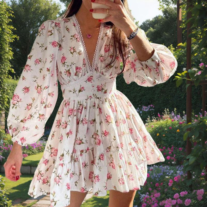 Damen romantisches Blumenkleid mit voluminösen Ärmeln Drune