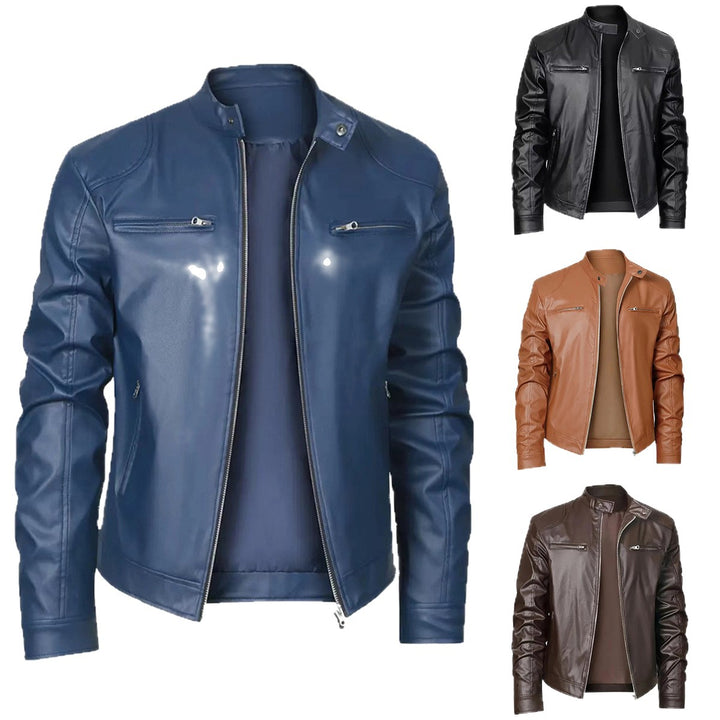 Herren nan schlanke Kunstleder-Bikerjacke mit Stehkragen, durchgehendem Reißverschluss und zwei Brusttaschen Drune