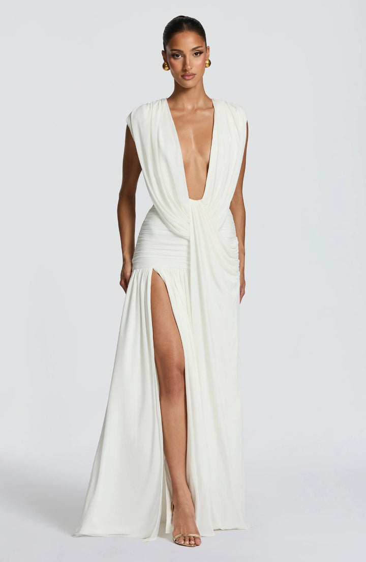 Damen Elegantes tief ausgeschnittenes Abendkleid mit Raffung Drune