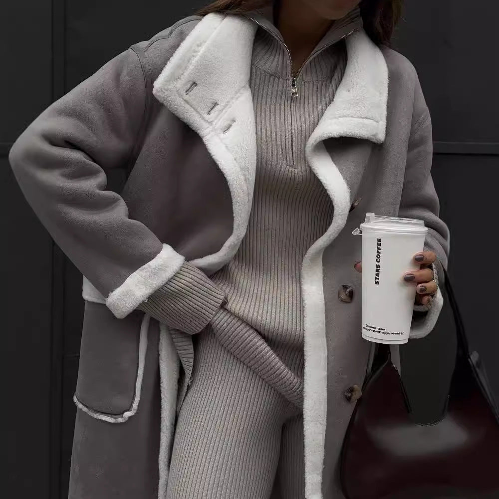 Damen Eleganter und warmer Fleece-Mantel mit oversized Schnitt und Knopfleiste Drune