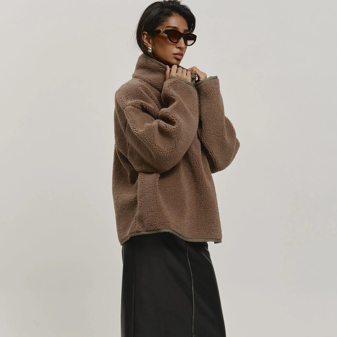 Damen Kuschelige Oversized Fleecejacke mit Stehkragen und Druckknöpfen Drune