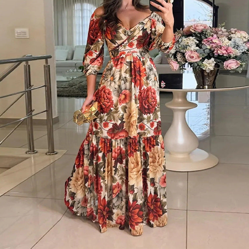 Damen Florales Maxikleid mit schulterfreiem Design und Rüschensaum Drune