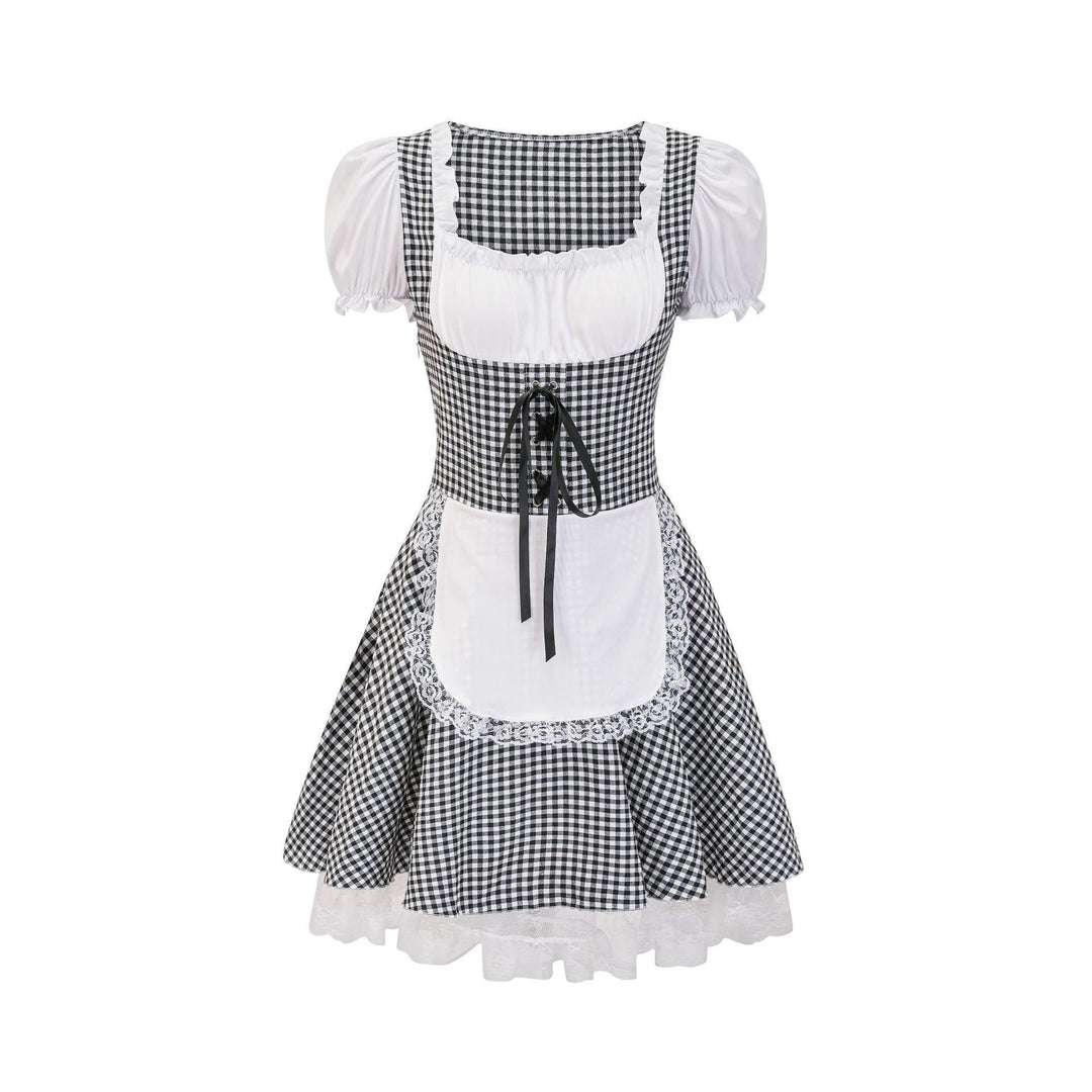 Damen nan kurztailliertes Trachtenkleid mit Karo-Corsage, geraffter Brust und Spitzen-Schürze Drune