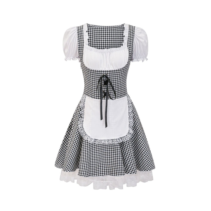 Damen nan kurztailliertes Trachtenkleid mit Karo-Corsage, geraffter Brust und Spitzen-Schürze Drune