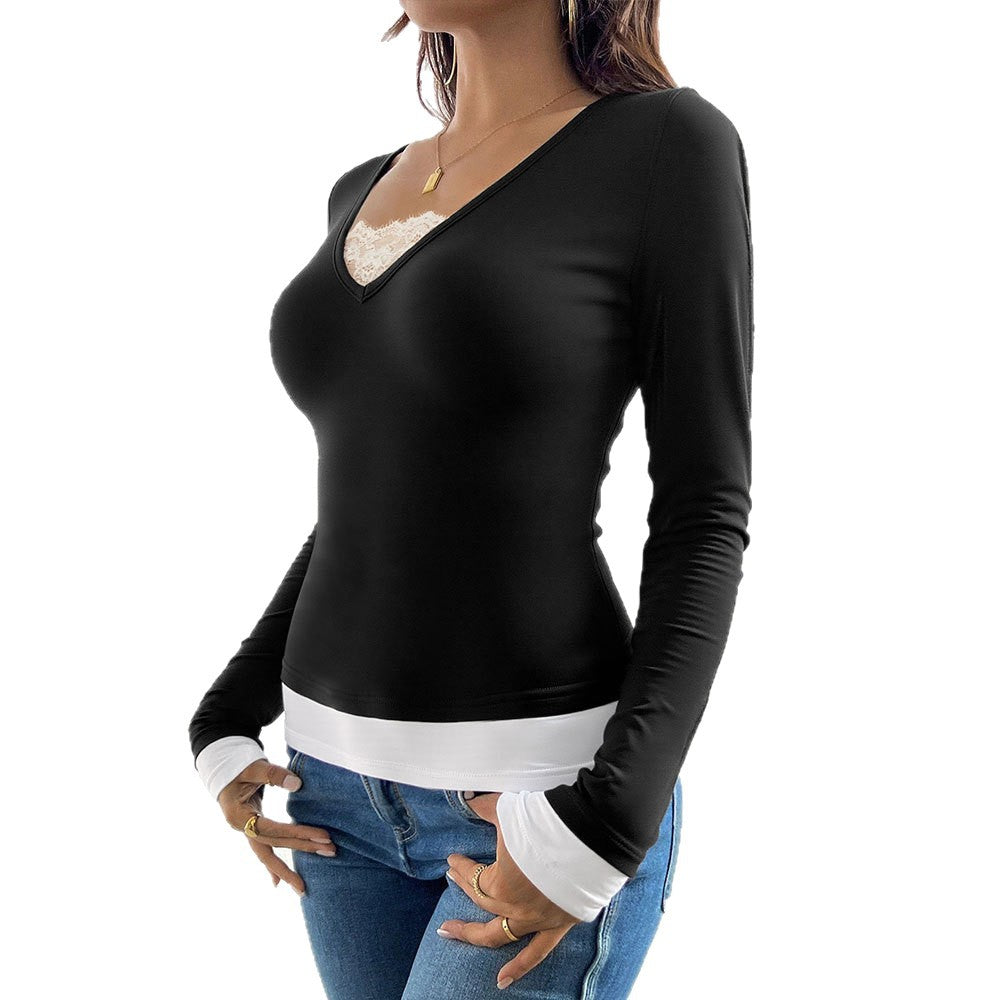 Damen V-Ausschnitt Langarmshirt mit modischem Untertop Drune