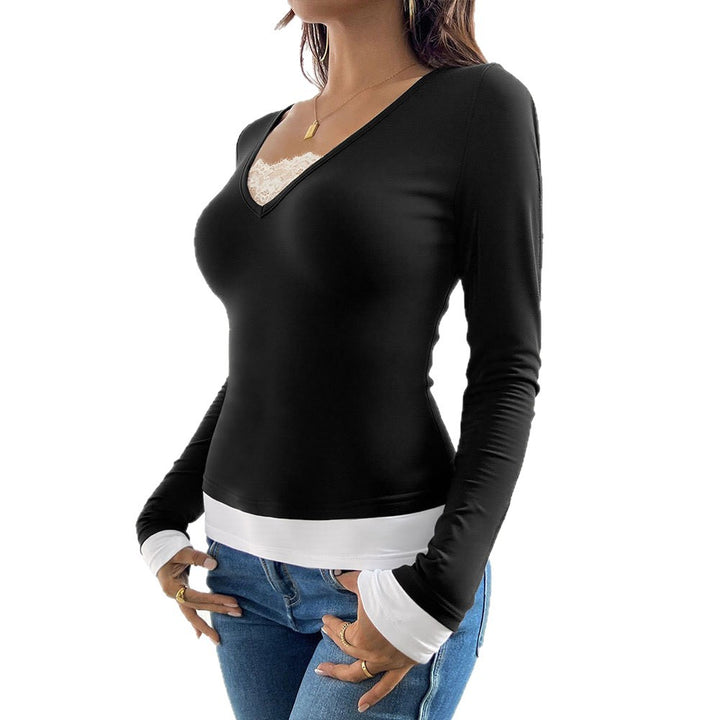 Damen V-Ausschnitt Langarmshirt mit modischem Untertop Drune