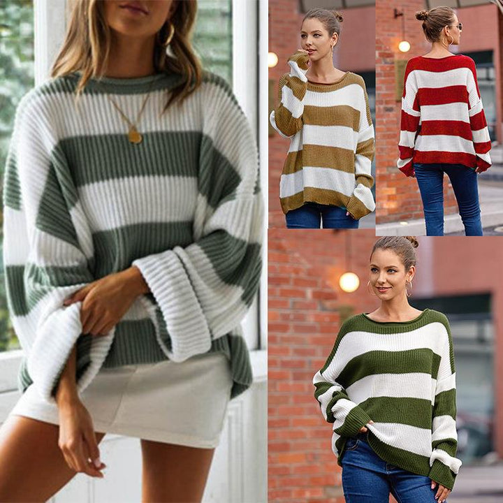 Damen gemütlicher Strickpullover mit modernem Streifenmuster und weitem Schnitt Drune
