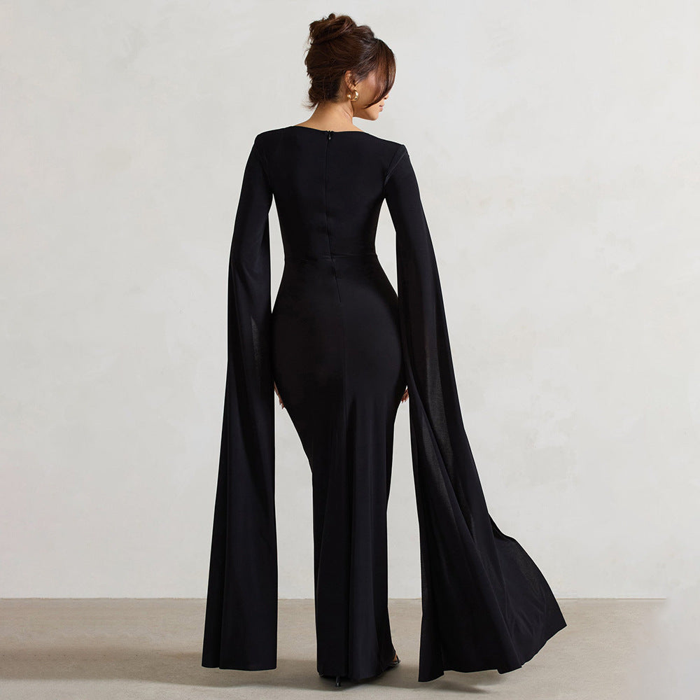 Damen Elegantes Maxikleid mit abnehmbarem Cape und seitlichem Schlitz Drune