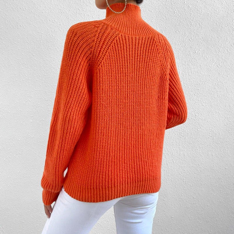 Damen Modischer Strickpullover mit hohem Kragen und Knopfdetail Drune