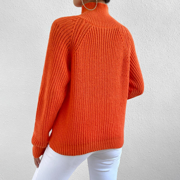 Damen Modischer Strickpullover mit hohem Kragen und Knopfdetail Drune