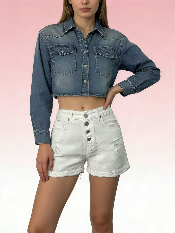 Damen cropped Denim-Jacke mit zwei Taschen Drune