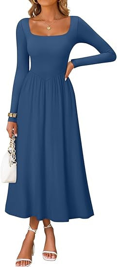 Damen Elegantes Midi-Kleid mit Quadratausschnitt und langen Ärmeln Drune