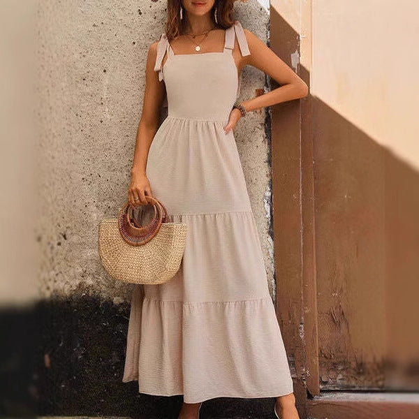 Damen lässiges tief ausgeschnittenes Maxikleid mit Rüschen und verstellbaren Trägern Drune