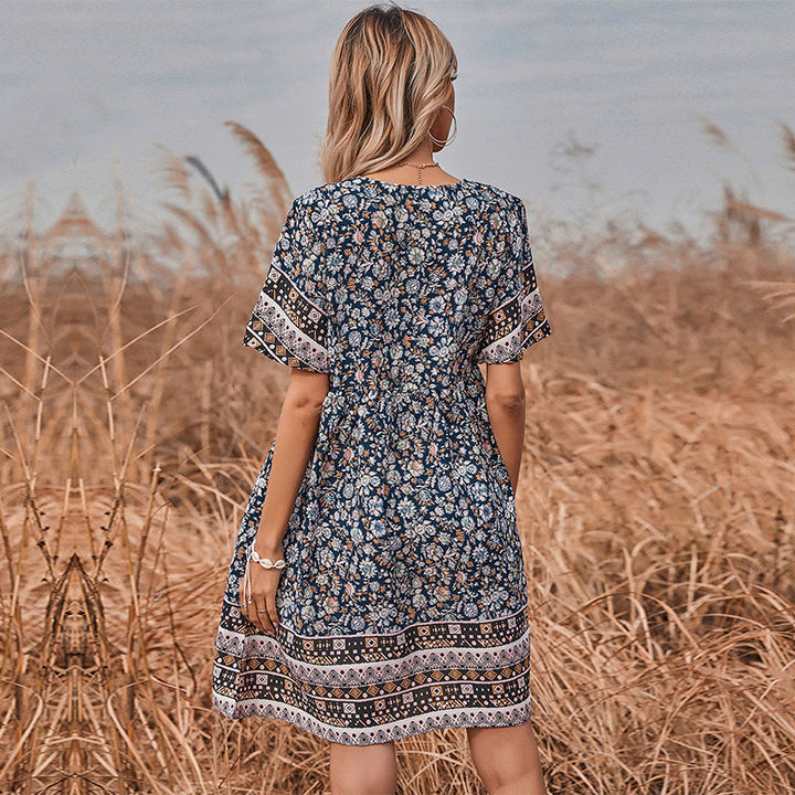 Damen luftiges Blumenkleid mit elastischem Taillenzug und hübschen Rüschendetails Drune