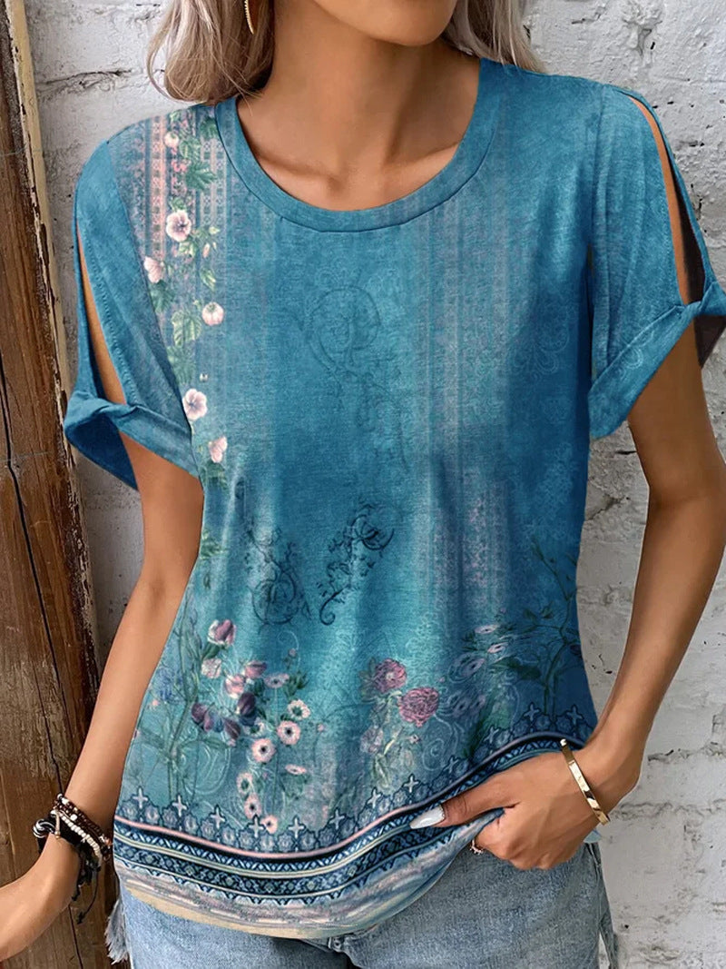 Damen T-Shirt mit floralem Muster und cut-out Ärmeln Drune