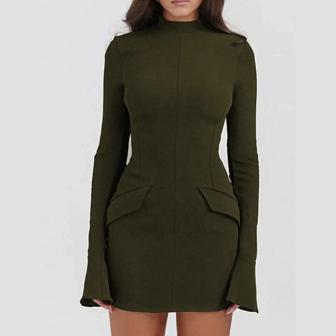 Damen nan tailliertes Minikleid mit Stehkragen Glockenärmeln und Peplum-Detail Drune