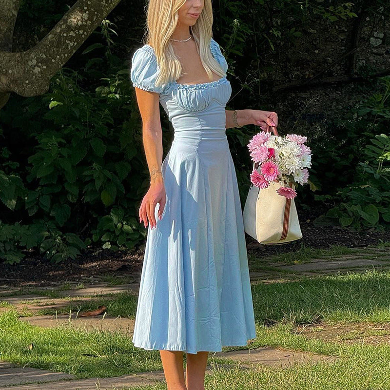 Damen Maxi-Kleid mit voluminösen Puffärmeln und elastischem Ausschnitt Drune