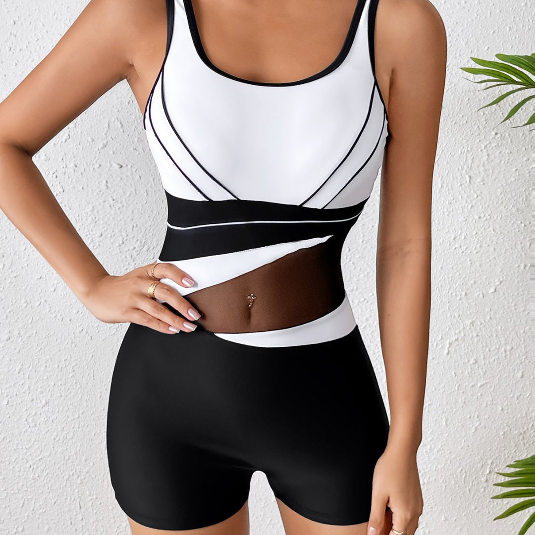 Damen Hochgeschlossener Sportbadeanzug mit modischem Netzdesign Drune