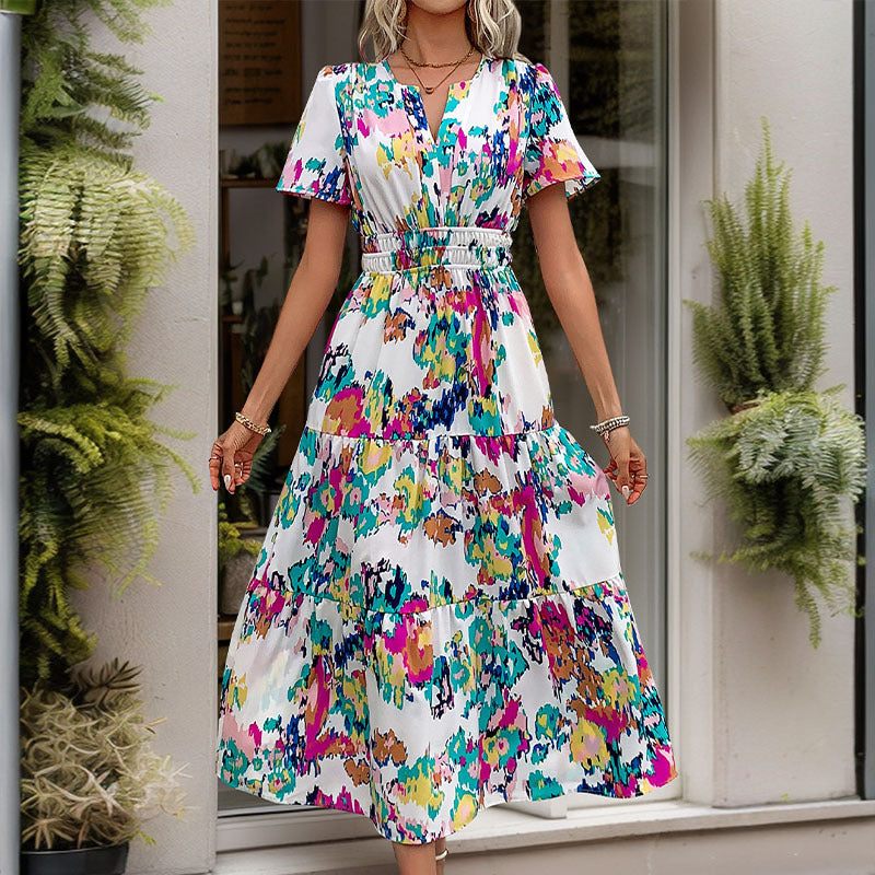 Damen Maxi-Wickelkleid mit elastischem Taillengürtel und verspieltem Farbdesign Drune