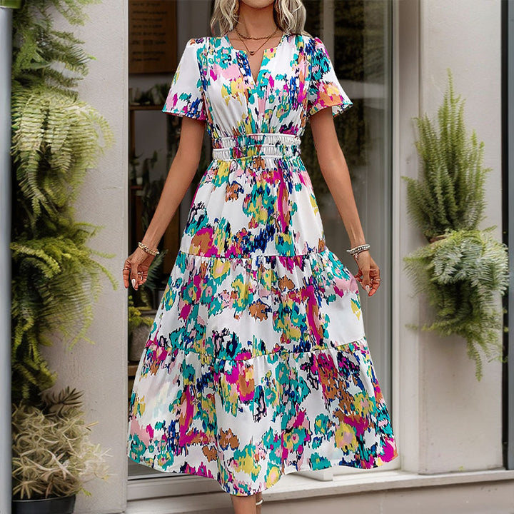 Damen Maxi-Wickelkleid mit elastischem Taillengürtel und verspieltem Farbdesign Drune