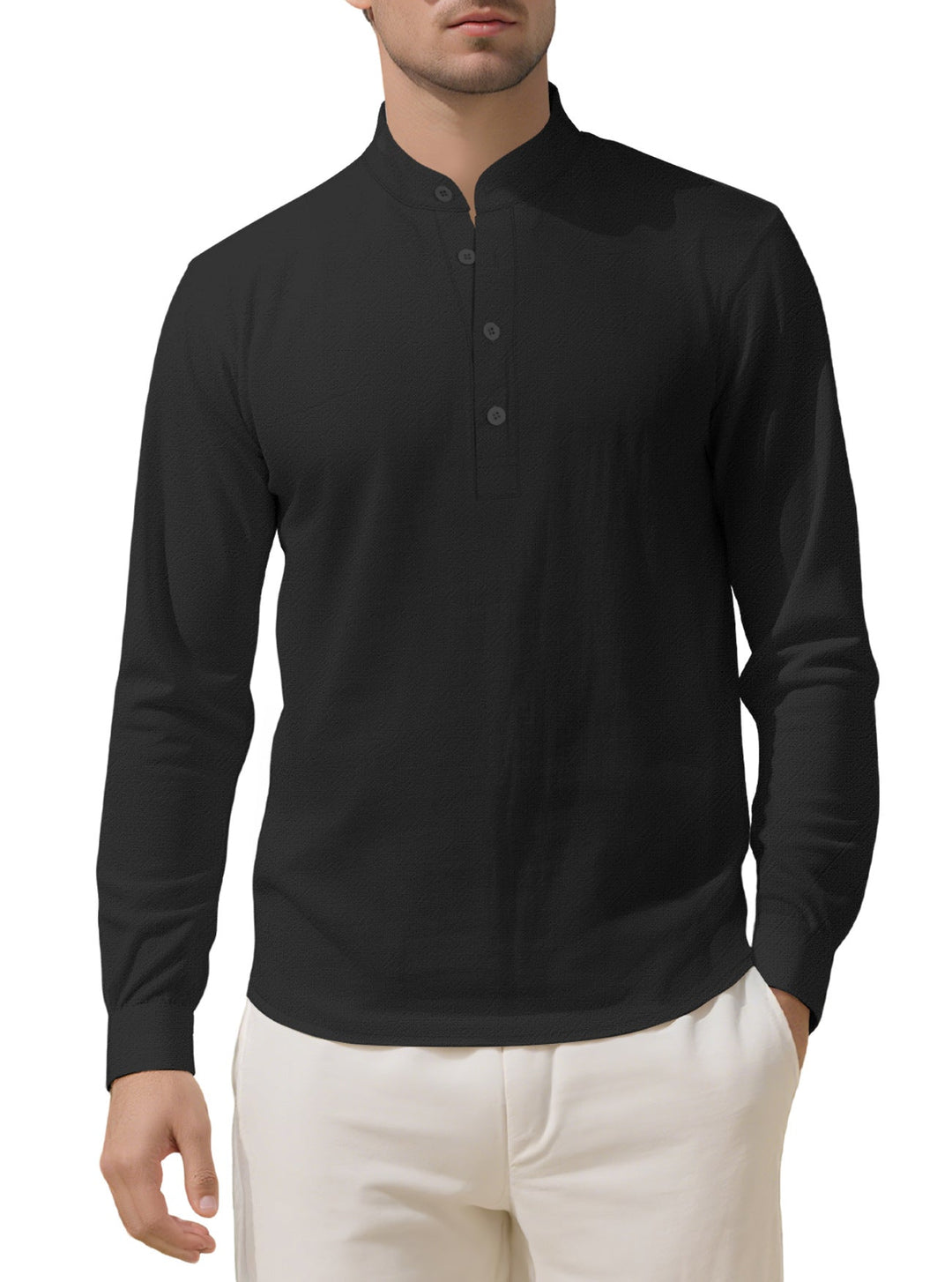 Herren nan Nehru-Kragen-Henley aus Baumwollstretch mit verdeckter Knopfleiste und schmaler Passform Drune
