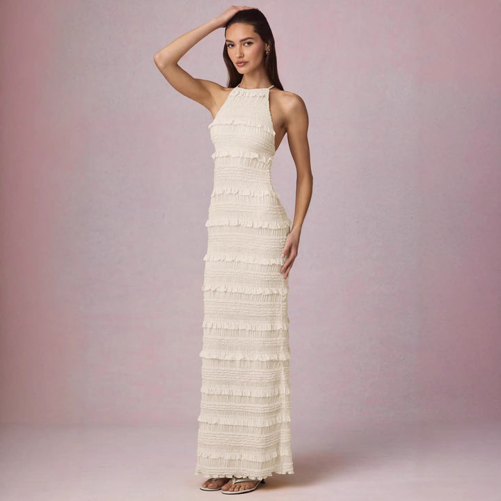 Damen Maxi-Kleid mit fransendem Design und elegantem Halterneck Drune