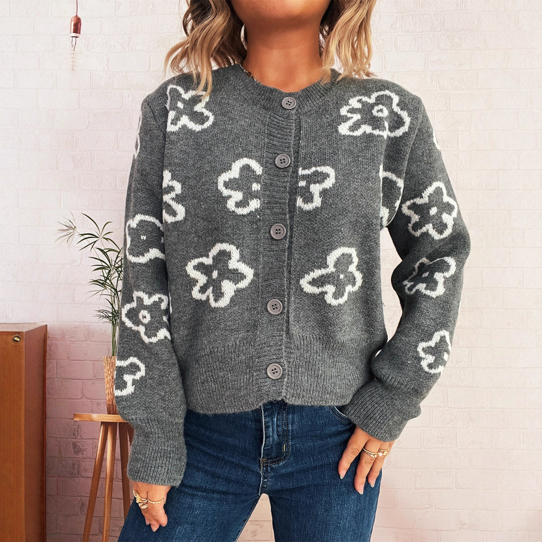 Damen Strickjacke mit floralem Muster und Knopfverschluss Drune