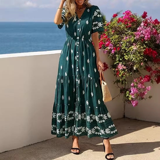 Damen Boho Maxikleid mit floralen Prints und Taillengürtel Drune