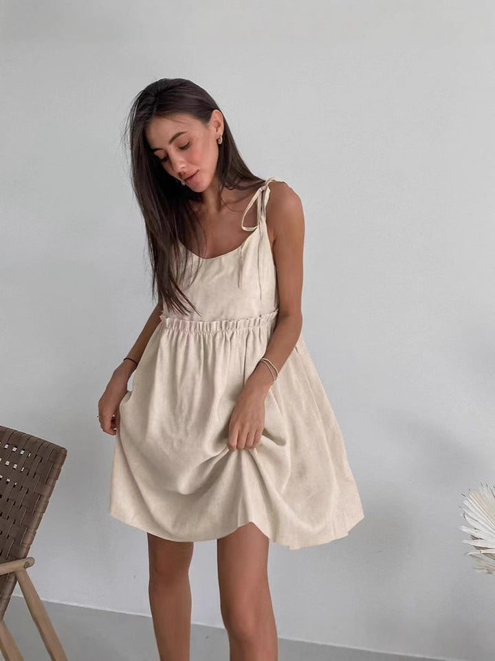 Damen lässiges Spaghettiträger-Kleid mit elastischem Bund und dekorativen Schleifen Drune