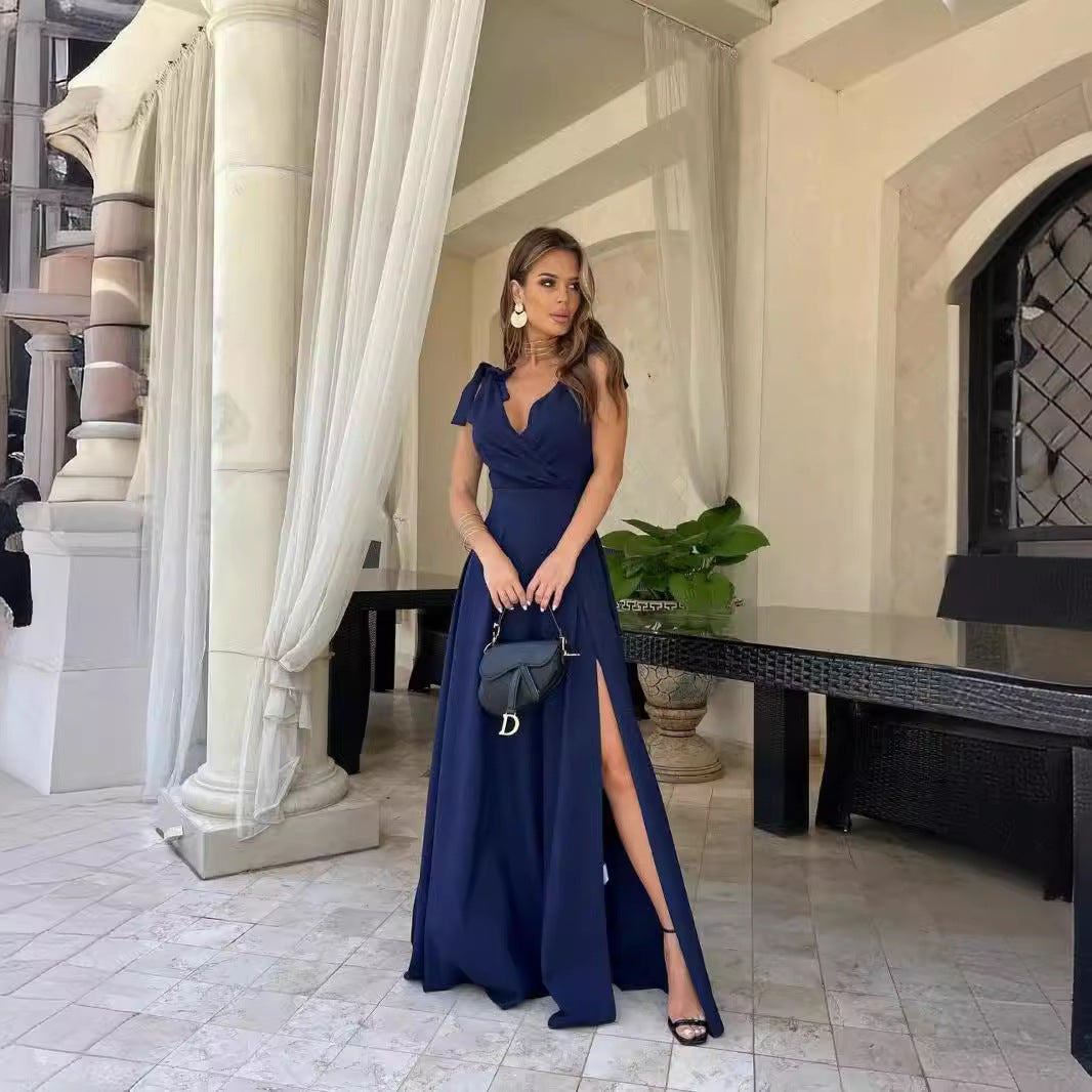 Damen Elegantes Abendkleid mit tiefem V-Ausschnitt und hohem Schlitz Drune