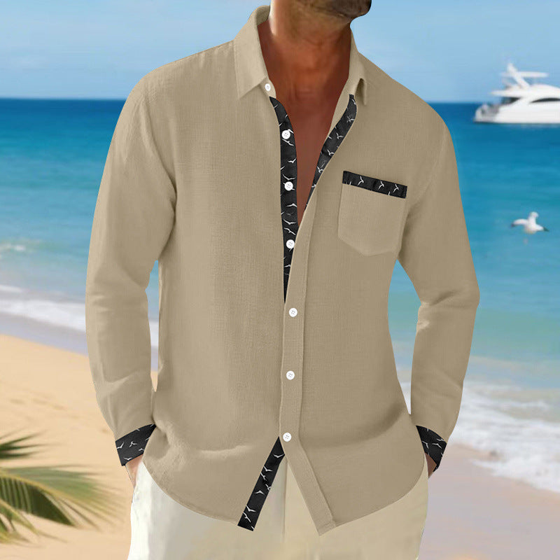 Herren langärmliges Casual-Hemd mit modischem Kragen und Brusttasche Drune